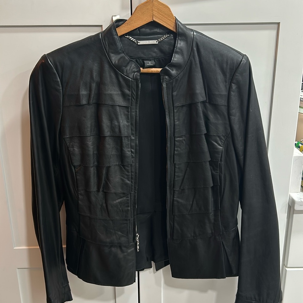 White House black market ruffled leather jacket
